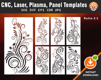 May include: Six black and white floral designs for CNC, laser, plasma, and panel templates. The designs are in a 2:1 ratio. The file formats are SVG, DXF, EPS, CDR, and JPG. The text "Instant Download!" is in the lower right corner.