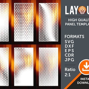 May include: Six digital templates for laser cutting geometric patterns. The patterns are made up of repeating triangles. The templates are available in SVG, DXF, EPS, CDR, and JPG formats. The ratio of the templates is 2:1. Instant download.