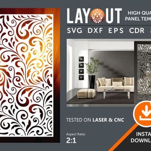 May include: A white decorative panel featuring a floral design. The panel is displayed in a room setting with a sofa and a coffee table. The panel is available in SVG, DXF, EPS, CDR, and JPG formats. The text "HIGH QUALITY PANEL TEMPLATE" is displayed above the panel. The text "TESTED ON LASER & CNC" is displayed below the panel. The text "Aspect Ratio 2:1" is displayed below the text "TESTED ON LASER & CNC". The text "INSTANT DOWNLOAD!" is displayed below the text "Aspect Ratio 2:1".