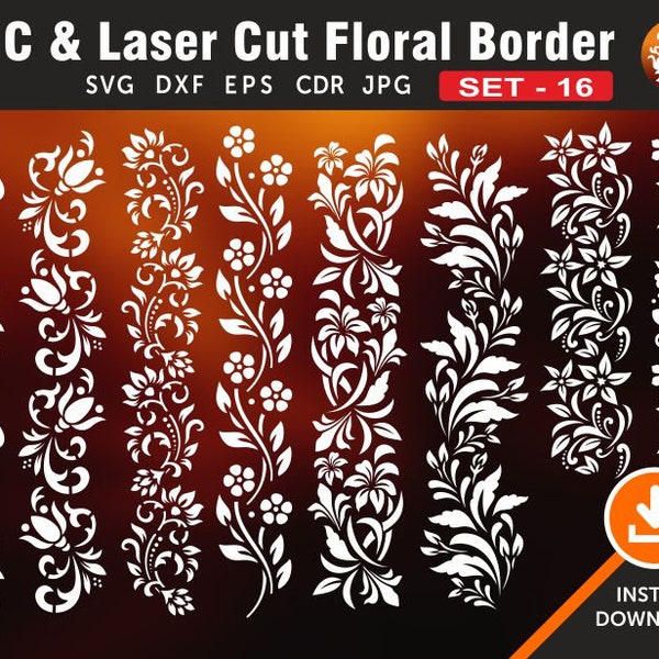 8 Floral Border Designs | Lace Trim Borders | Boundary | Divider | Separator | Cutting Files for Laser, Cnc, Plasma and Cricut