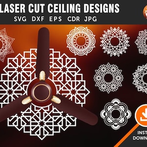 May include: Eight laser cut ceiling designs in white on a red background. The designs are geometric and intricate, and include a variety of shapes and patterns. The text "8 LASER CUT CEILING DESIGNS" is at the top of the image, and the text "SVG DXF EPS CDR JPG" is below it.