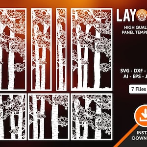 Puede incluir: Un conjunto de siete archivos digitales para corte por láser, que presenta un diseño de árboles con flores. Los archivos están disponibles en los formatos SVG, DXF, CDR, AI, EPS y JPG. El texto "LAY OUT" se muestra en una pancarta en la parte superior de la imagen.