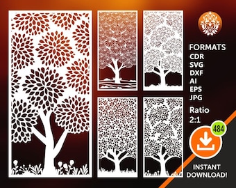 5 Tree Panels, Roon Divider, Wall Panels, Room Decor, Privacy Screen, Laser, CNC, Plasma Cricut cutting files cdr, svg, dxf, AI, eps, jpg