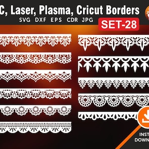 May include: Set of eight white decorative borders for CNC, laser, plasma, and Cricut cutting. The borders are intricate and detailed, with a variety of floral and geometric patterns. The set is labeled "SET-28".