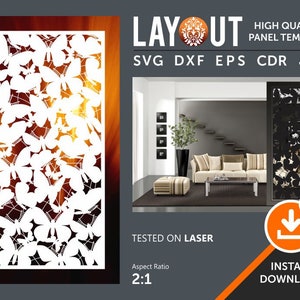 May include: A white laser cut panel design featuring a repeating pattern of butterflies. The panel is shown in a room setting with a couch and coffee table. The text "LAY UT" is displayed in the upper right corner of the image. The text "HIGH QUALITY PANEL TEMPLATE" is displayed below the text "LAY UT". The text "SVG DXF EPS CDR JPG" is displayed below the text "HIGH QUALITY PANEL TEMPLATE". The text "TESTED ON LASER" is displayed in the lower left corner of the image. The text "Aspect Ratio 2:1" is displayed below the text "TESTED ON LASER". The text "271" is displayed in a green circle in the lower right corner of the image. The text "INSTANT DOWNLOAD!" is displayed below the text "271".
