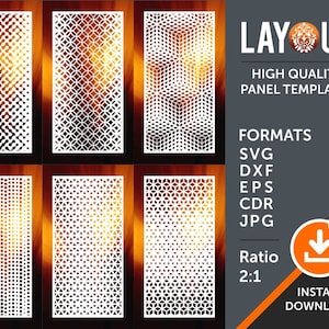 Puede incluir: Seis patrones geométricos diferentes en blanco sobre un fondo marrón. Los patrones están en una proporción de 2:1 y están disponibles en los formatos SVG, DXF, EPS, CDR y JPG. Descarga instantánea.