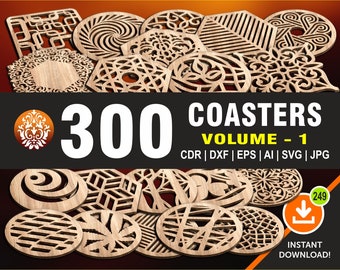 300 Coaster Volume # 1 Wood, Metal, Wall Decor, Wall Hanging | CNC, Laser, Plasma, Cricut Cutting FIles in 6 File Formats