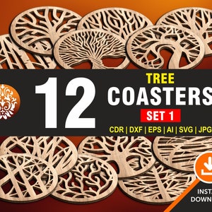 12 Tree Coaster and Trivet Design Cut Files, Wall Decor, Wall Hanging | CNC, Laser, Plasma, Cricut Cutting FIles in 6 File Formats