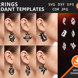 Puede incluir: Un conjunto de 9 plantillas de colgantes de pendientes para manualidades. Las plantillas presentan intrincados diseños florales en blanco y negro. La imagen incluye el texto "EARRINGS PENDANT TEMPLATES" y "SVG DXF EPS CDR JPG".