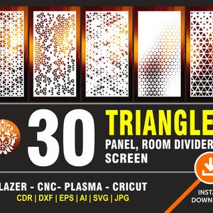 Puede incluir: Diseño digital de 30 pantallas divisorias de ambiente con paneles triangulares y patrones geométricos. El diseño incluye el texto "TRIANGLE PANEL, ROOM DIVIDER SCREEN" y opciones de formato de archivo.
