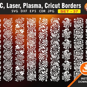 May include: Set of 10 white floral border designs for CNC, laser, plasma, and Cricut cutting. The designs are intricate and detailed, with a variety of floral motifs. The set includes SVG, DXF, EPS, CDR, and JPG files.