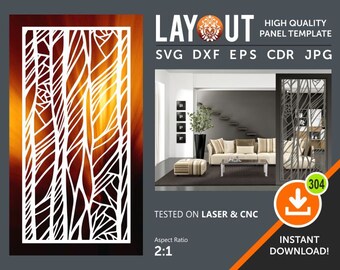 May include: A white, intricate, laser cut design of tree branches, suitable for use as a room divider or decorative panel. The design is shown in a room setting, with a couch and coffee table. The text "LAY UT" is at the top of the image, along with the words "HIGH QUALITY PANEL TEMPLATE" and "SVG DXF EPS CDR JPG".