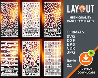May include: Six different laser cut panel designs in white on a gold background. The designs include floral, geometric, and abstract patterns. The text "LAYOUT" appears on each panel. The text "HIGH QUALITY PANEL TEMPLATES" appears at the top of the image. The text "FORMATS" appears below the panels, followed by a list of file formats: SVG, DXF, EPS, CDR, JPG. The text "Ratio 2:1" appears below the file formats. The text "INSTANT DOWNLOAD!" appears at the bottom of the image.