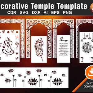 Modèle de 9 temples, tenture murale, cloisons, écran, pochoir, laser, CNC, plasma, fichier vinyle Cricut Cdr, Svg, Eps, Dxf, Ai, PNG