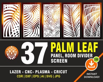 37 modelli di pannelli a foglia di palma / Divisorio per ambienti / Schermo per la privacy / File di taglio per CNC, laser, plasma e Cricut / cdr, svg, dxf, eps, jpg, pdf
