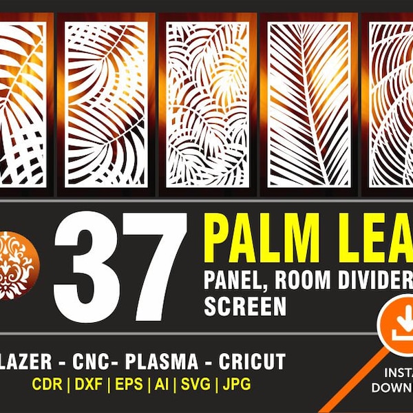 37 Patrones de panel de hoja de palma / Divisor de habitaciones / Pantalla de privacidad / Cnc, Láser, Archivo de corte de plasma Cricut / cdr, svg, dxf, eps, jpg, pdf