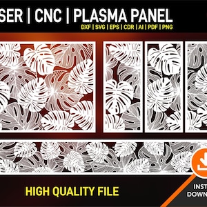 Könnte beinhalten: Eine digitale Datei zum Laserschneiden, CNC-Fräsen oder Plasmaschneiden. Das Design zeigt ein sich wiederholendes Muster aus weißen Monstera-Blättern auf schwarzem Hintergrund. Die Datei ist in den Formaten DXF, SVG, EPS, CDR, AI, PDF und PNG verfügbar. Der Text "LASER | CNC | PLASMA PANEL" und "HIGH QUALITY FILE" ist ebenfalls im Bild enthalten.