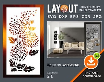 May include: A white silhouette of a floral design with a 2:1 aspect ratio. The design features stylized chrysanthemums with a repeating pattern of small circles. The design is labeled "HIGH QUALITY PANEL TEMPLATE" and "SVG DXF EPS CDR JPG". The design is tested on laser and CNC machines. The image also includes a download button and the text "INSTANT DOWNLOAD!"
