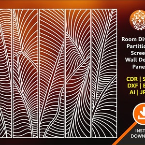 May include: A white geometric design of overlapping leaves on a red and orange gradient background. The design is labeled "Room Divider Partitions Screen Wall Decor Panel" and includes the file types "CDR | SVG DXF | EPS AI | JPG".
