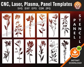 May include: A set of 12 black and white floral stencil designs for CNC, laser, plasma, and panel cutting. The designs are in SVG, DXF, EPS, CDR, and JPG formats. The text "STENCIL PANEL" is on the right side of the image.