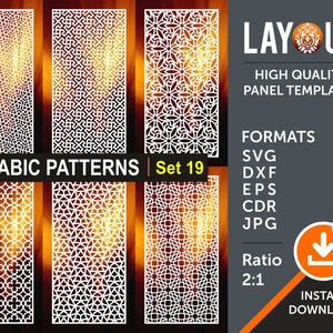 May include: Set of four intricate Arabic pattern designs, perfect for laser cutting or CNC projects. The patterns are in a white color against a blurred orange background. The text "ARABIC PATTERNS | Set 19" is at the bottom of the image.