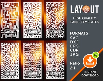May include: Six different laser cut panel designs for home decor. The designs include geometric patterns, flowers, hearts, stars, and more. The panels are available in SVG, DXF, EPS, CDR, and JPG formats. The ratio of the panels is 2:1.