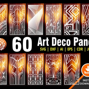 60 アールデコ パネル、ゲート、グリル、ドア、プライバシー スクリーン、レーザー、CNC、プラズマ、Cricut ファイル Cdr、Svg、AI、Dxf、Eps、Jpg