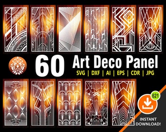 60 Panel Art Deco, brama, krata, drzwi, ekran prywatności, laser, CNC, plazma, pliki Cricut Cdr, Svg, AI, Dxf, Eps, Jpg