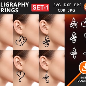 6 VALENTINE Calligraphy EARRING Leather / Wood / Acrylic  Earring Templates Cut File Laser, Plasma, Cricut Download