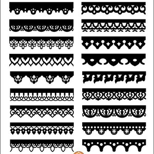 May include: A set of 16 black and white vector patterns, featuring various decorative borders and designs. These patterns can be used for a variety of design projects, such as scrapbooking, card making, and web design.