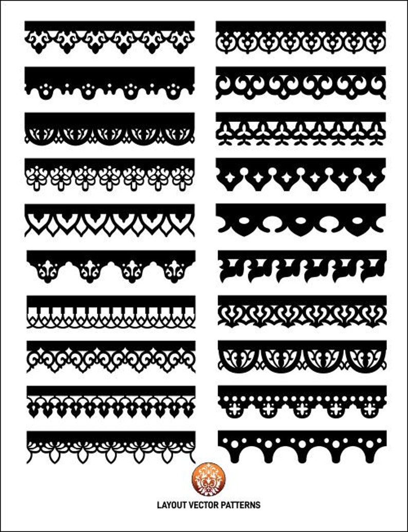 May include: A set of 16 black and white vector patterns, featuring various decorative borders and designs. These patterns can be used for a variety of design projects, such as scrapbooking, card making, and web design.