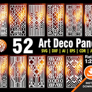 52 アールデコ調パネル、ゲート、グリル、ドア、プライバシー スクリーン、レーザー、CNC、プラズマ、Cricut ファイル (Cdr、SVG、AI、DXF、Eps、Jpg)