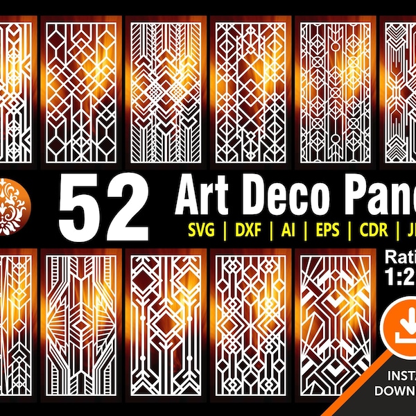 52 Art Deco Panel, Gate, Grill, Door, Privacy Screen, Laser, CNC, Plasma, Cricut Files  Cdr, Svg, AI,  Dxf, Eps, Jpg