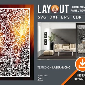Puede incluir: Una plantilla de panel de corte por láser con un diseño floral blanco. La plantilla se muestra en un entorno de habitación con un sofá y una mesa de café. El texto "LAY OUT" está en la parte superior de la imagen. El texto "HIGH QUALITY PANEL TEMPLATE" está debajo del texto "LAY OUT". El texto "SVG DXF EPS CDR JPG" está debajo del texto "HIGH QUALITY PANEL TEMPLATE". El texto "TESTED ON LASER & CNC" está en la parte inferior de la imagen. El texto "Aspect Ratio 2:1" está debajo del texto "TESTED ON LASER & CNC". El texto "INSTANT DOWNLOAD!" está en la parte inferior derecha de la imagen. El número "473" está en un círculo en la parte superior derecha de la imagen.