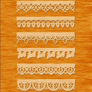 May include: A set of ten decorative wood cutouts with intricate patterns. The cutouts are arranged vertically on a woodgrain background. The text "LAYOUT VECTOR PATTERNS" is at the bottom of the image.