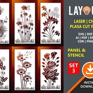Feuille, arbre, fleur, floral, panneau d’herbes et pochoir | Ensemble 3 | Séparateur de pièce, écran, décor mural, laser, CNC, plasma, cricut, fichier de découpe