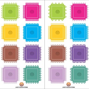 May include: A set of 12 colorful square frames with intricate lace-like borders. Each frame has a different color and features a small circle in the center. The frames are arranged in two rows of six, with the top row featuring brighter colors and the bottom row featuring more muted colors. The text "LAYOUT VECTOR PATTERNS" appears at the bottom of the image.