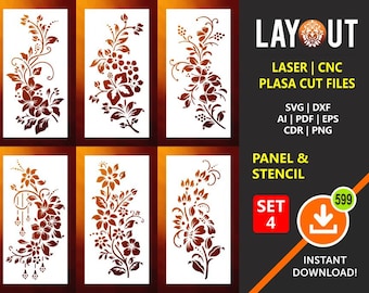Foglia, Albero, Fiore, Floreale, Erbe Pannello & Stencil / Set 3 / Divisorio, Schermo, Decorazione murale, Laser, CNC, Plasma, Cricut, File di taglio