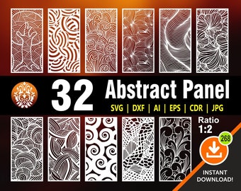 May include: A digital collection of 32 abstract panels featuring intricate white line patterns on dark backgrounds. The text 32 Abstract Panel, SVG, DXF, AI, EPS, CDR, JPG, Ratio 1:2, and INSTANT DOWNLOAD are displayed alongside a download icon.