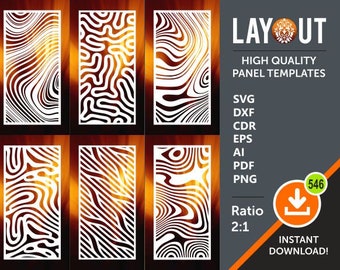 May include: Set of six digital cut files featuring abstract wavy line patterns. The files are available in SVG, DXF, CDR, EPS, AI, PDF, and PNG formats. The ratio of the designs is 2:1.