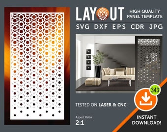 May include: A white geometric pattern with a gradient effect. The pattern is made up of hexagons and circles. The pattern is shown in a room setting with a couch and coffee table. The text "LAY UT" is at the top of the image. The text "HIGH QUALITY PANEL TEMPLATE" is below the text "LAY UT". The text "SVG DXF EPS CDR JPG" is below the text "HIGH QUALITY PANEL TEMPLATE". The text "TESTED ON LASER & CNC" is at the bottom of the image. The text "Aspect Ratio 2:1" is below the text "TESTED ON LASER & CNC". The text "INSTANT DOWNLOAD!" is at the bottom right of the image.