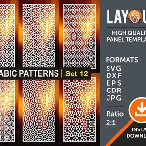 Op de afbeelding: Digitale downloadafbeelding met acht witte Arabische patroonpaneelsjablonen. De afbeelding bevat de tekst "ARABIC PATTERNS | Set 12" en "LAYOUT HIGH QUALITY PANEL TEMPLATES". Formaten zijn SVG, DXF, EPS, CDR en JPG.