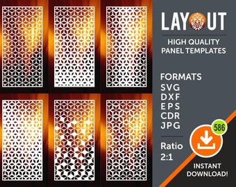 May include: Six white geometric panel templates with a 2:1 ratio. The panels feature a repeating pattern of white stars on a black background. The panels are set against a blurred orange background. The text "LAYOUT HIGH QUALITY PANEL TEMPLATES" is at the top of the image. The text "FORMATS SVG DXF EPS CDR JPG" is in the middle of the image. The text "Ratio 2:1" is at the bottom of the image. The text "586 INSTANT DOWNLOAD!" is in the lower right corner of the image.