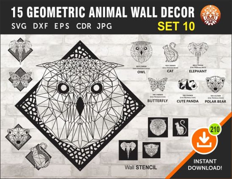 Download Stencil Wall Vinyl Instant Download Cdr Dxf Eps Svg Jpg Format 15 Geometric Animals Wall Decor PSD Mockup Templates