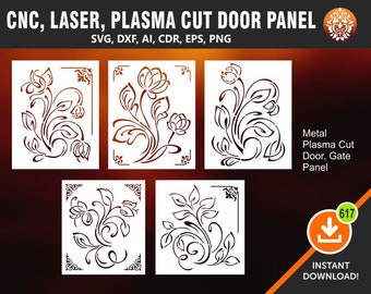 May include: Five digital cut files of a floral design. The designs are in a square format and feature intricate floral patterns. The text "CNC, LASER, PLASMA CUT DOOR PANEL" is at the top of the image. The text "SVG, DXF, AI, CDR, EPS, PNG" is below the title. The text "Metal Plasma Cut Door, Gate Panel" is on the right side of the image. The text "617" is in a circle with a download arrow below it. The text "INSTANT DOWNLOAD!" is below the circle.