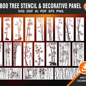 May include: A set of 15 digital cut files featuring various bamboo tree designs. The files are available in SVG, DXF, AI, PDF, EPS, and PNG formats. The text "PANEL & STENCIL" is displayed on the right side of the image.
