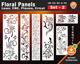 May include: Set of five black and white floral stencil designs for laser cutting, CNC, plasma cutting, and Cricut. The designs are intricate and detailed, and would be perfect for creating decorative panels or other projects.