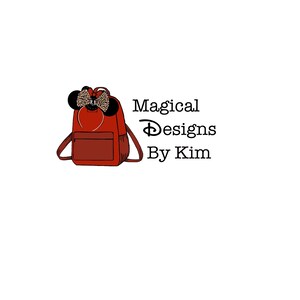 May include: A red backpack with black straps and a black bow with white polka dots on top. The text "Magical Designs By Kim" is written in black below the backpack.