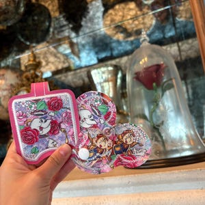 Ms. Potts and Chip hand sanitizer holder, Beauty and the Beast print mouse ear holder, Mickey holder or carrier, Rose mouse ear holder