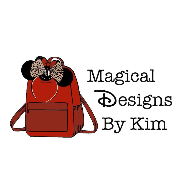 May include: A red backpack with a black and white Minnie Mouse ears and bow. The text "Magical Designs By Kim" is written below the backpack.